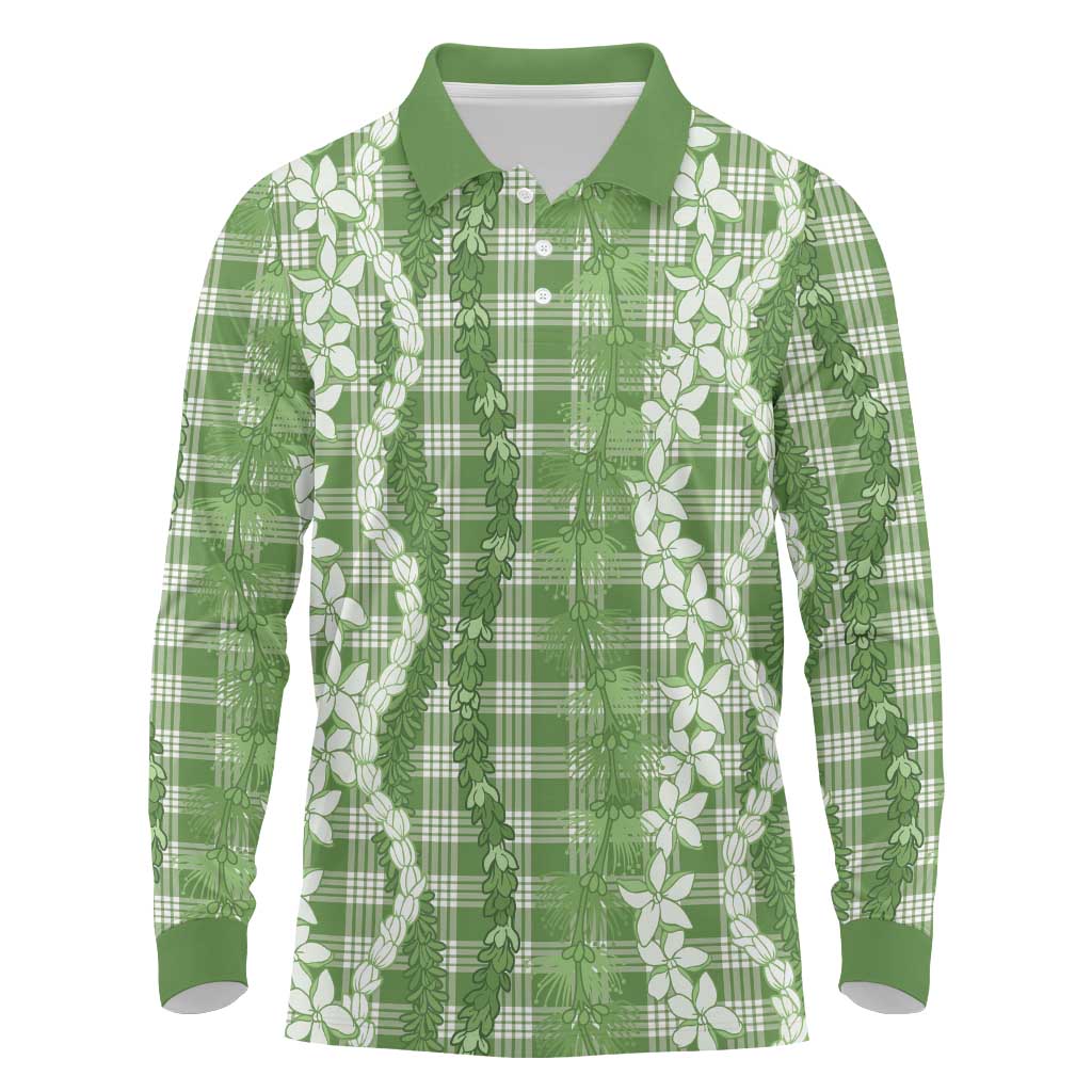 Hawaiian Ohia Lehua Lei Long Sleeve Polo Shirt Plaid Palaka Omaomao Pattern LT9 Green - Polynesian Pride