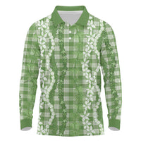 Hawaiian Ohia Lehua Lei Long Sleeve Polo Shirt Plaid Palaka Omaomao Pattern LT9 Green - Polynesian Pride