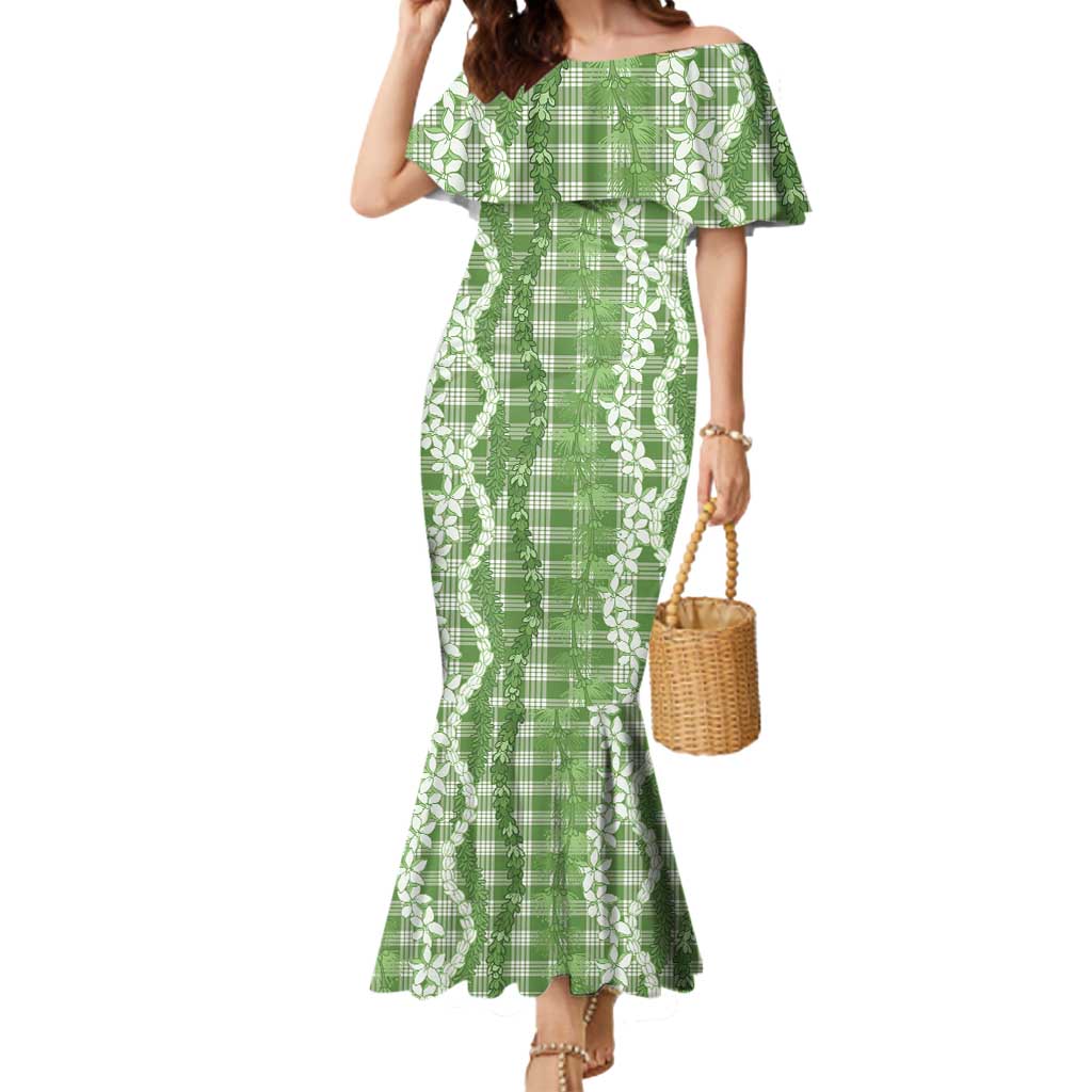 Hawaiian Ohia Lehua Lei Mermaid Dress Plaid Palaka Omaomao Pattern LT9 Women Green - Polynesian Pride
