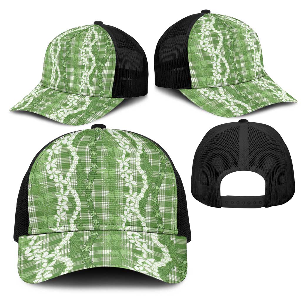 Hawaiian Ohia Lehua Lei Mesh Trucker Cap Plaid Palaka Omaomao Pattern - Polynesian Pride