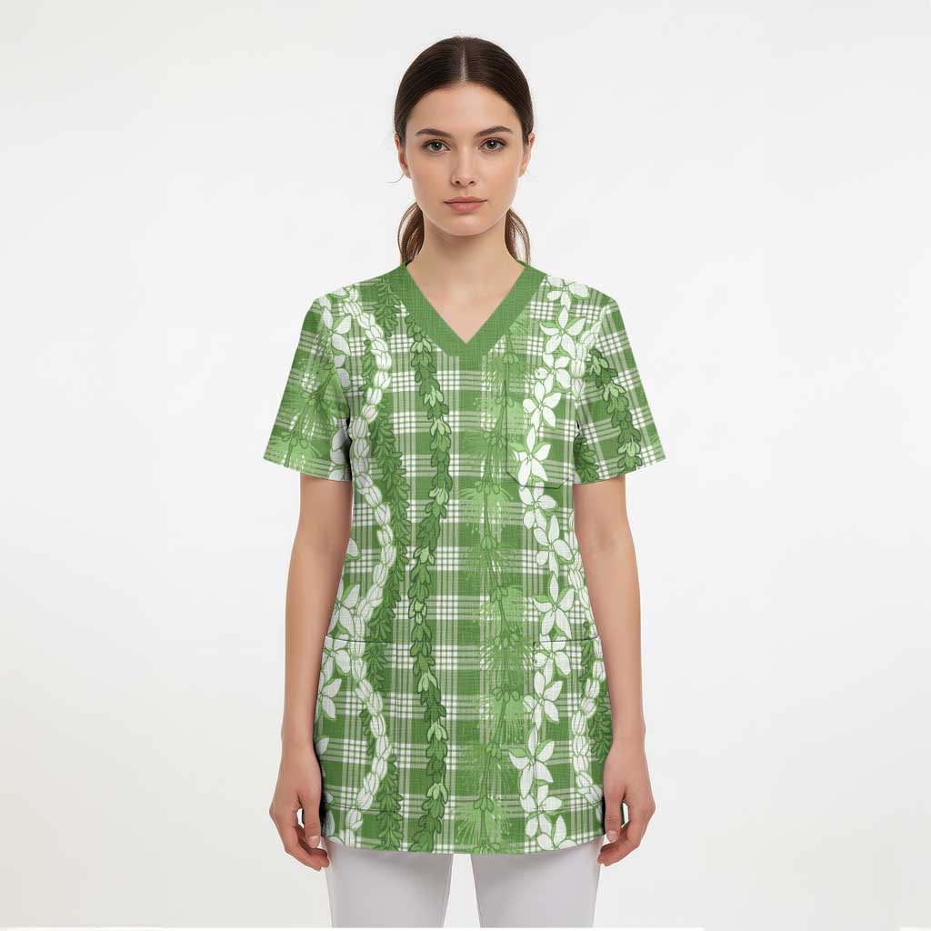 Hawaiian Ohia Lehua Lei Scrub Top Plaid Palaka Omaomao Pattern - Polynesian Pride