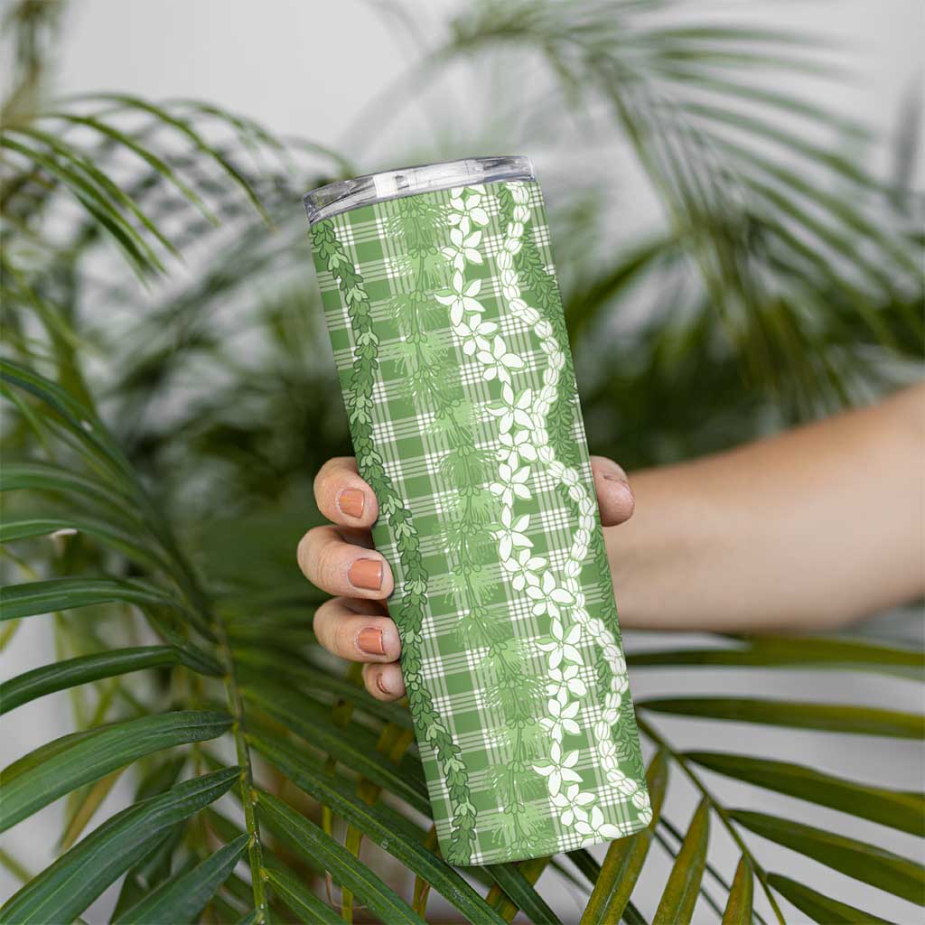 Hawaiian Ohia Lehua Lei Skinny Tumbler Plaid Palaka Omaomao Pattern - Polynesian Pride