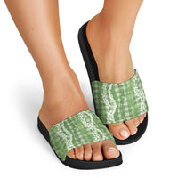 Hawaiian Ohia Lehua Lei Slide Sandals Plaid Palaka Omaomao Pattern - Polynesian Pride
