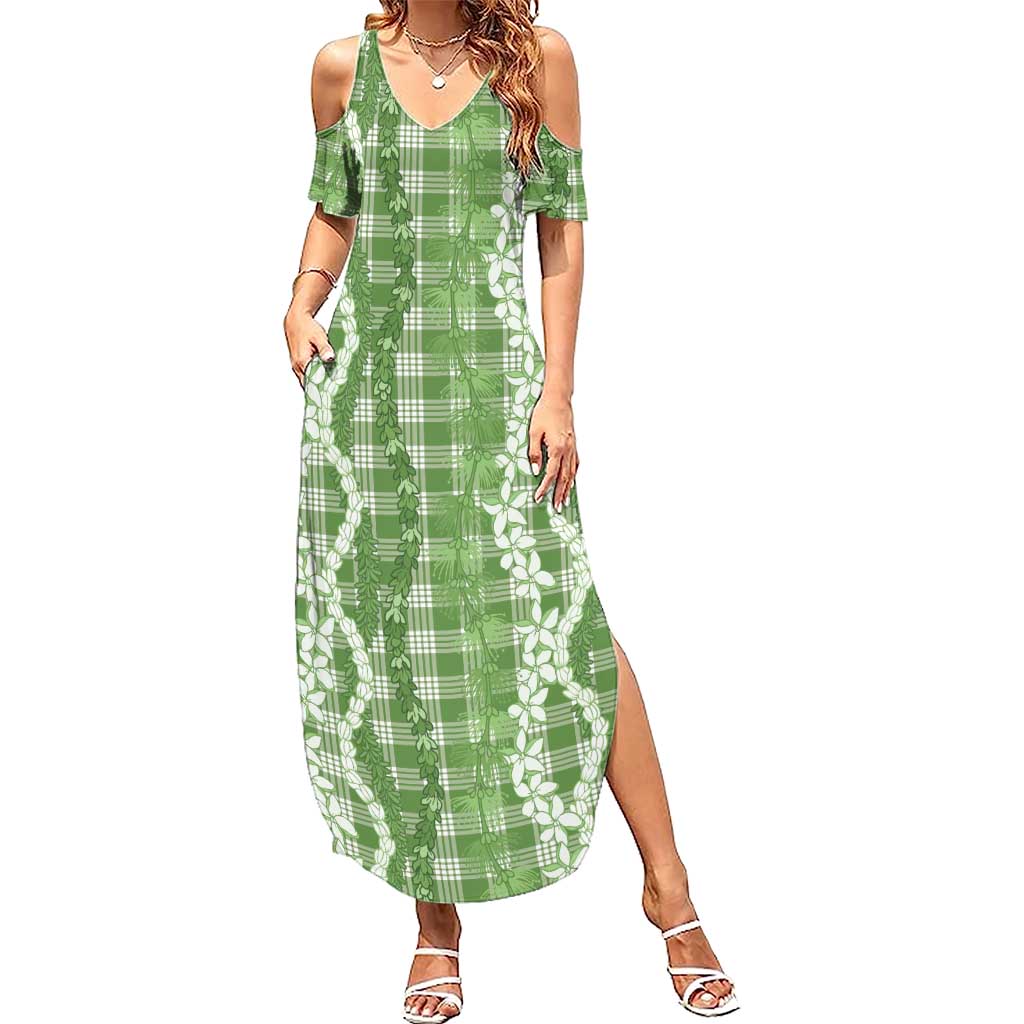 Hawaiian Ohia Lehua Lei Summer Maxi Dress Plaid Palaka Omaomao Pattern - Polynesian Pride