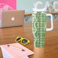 Hawaiian Ohia Lehua Lei Tumbler With Handle Plaid Palaka Omaomao Pattern - Polynesian Pride