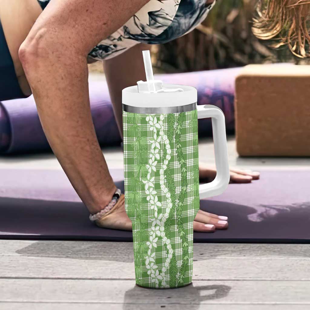 Hawaiian Ohia Lehua Lei Tumbler With Handle Plaid Palaka Omaomao Pattern - Polynesian Pride