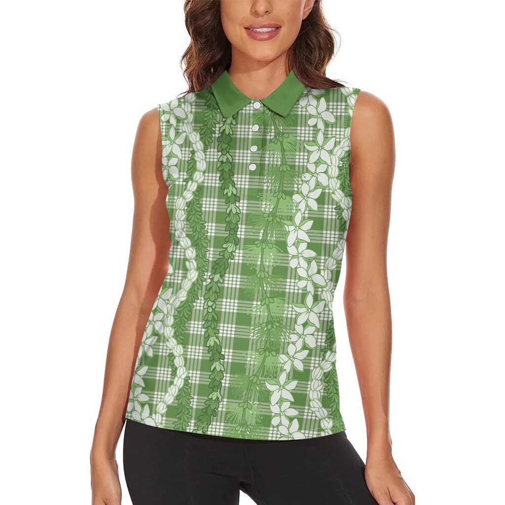 Hawaiian Ohia Lehua Lei Women Sleeveless Polo Shirt Plaid Palaka Omaomao Pattern - Polynesian Pride
