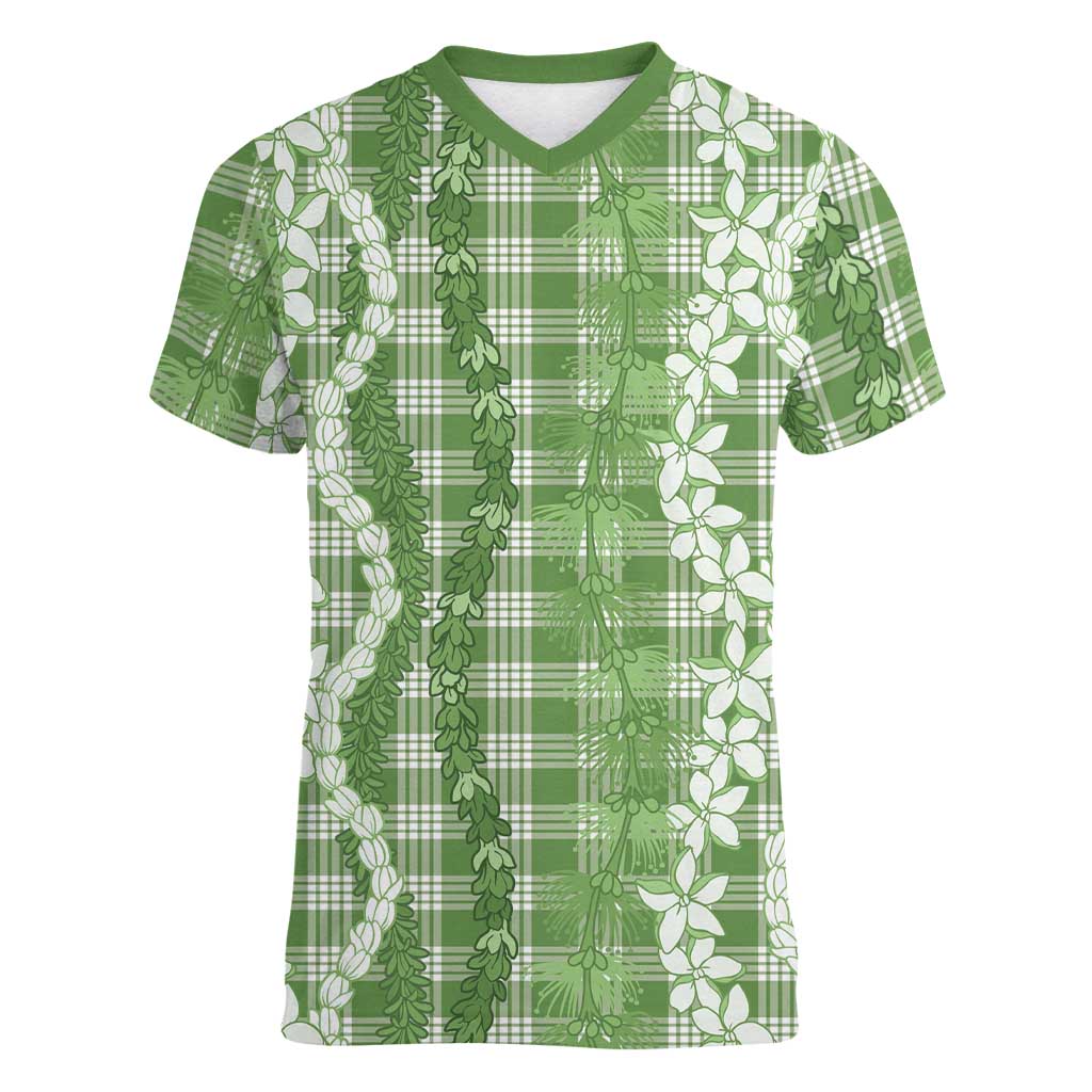 Hawaiian Ohia Lehua Lei Women V-Neck T-Shirt Plaid Palaka Omaomao Pattern - Polynesian Pride