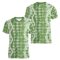 Hawaiian Ohia Lehua Lei Women V-Neck T-Shirt Plaid Palaka Omaomao Pattern - Polynesian Pride