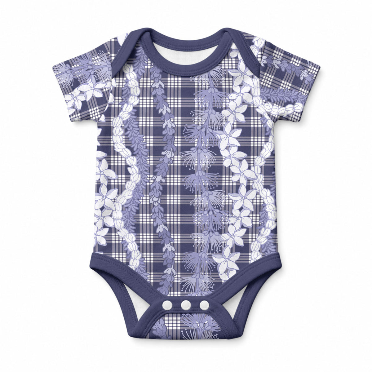 Hawaiian Ohia Lehua Lei Baby Onesie Plaid Palaka Uliuli hohonu Pattern LT9 Navy - Polynesian Pride