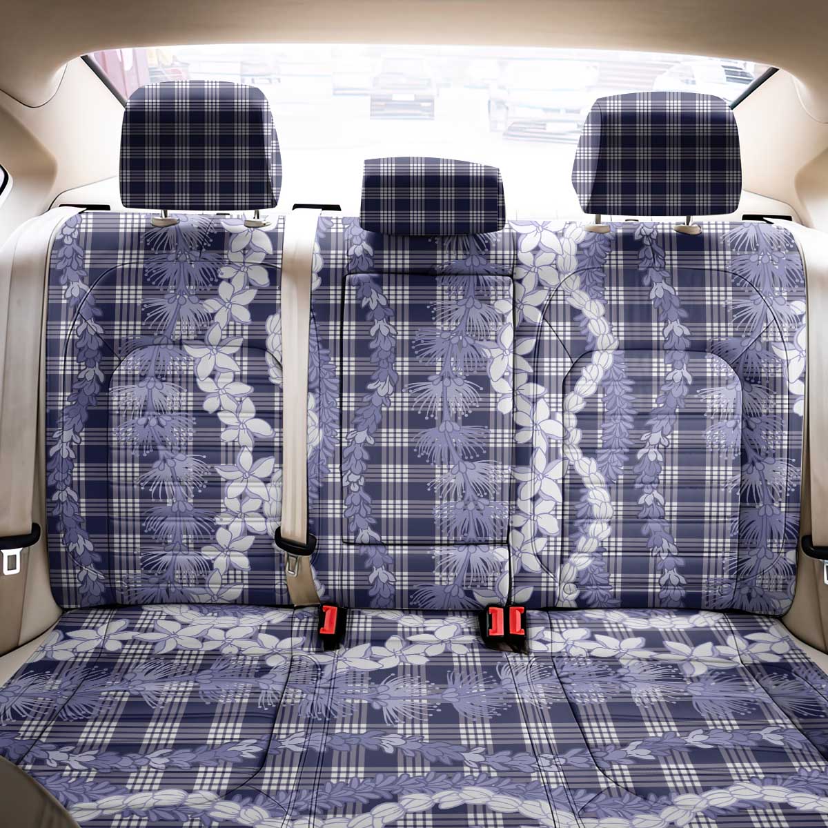 Hawaiian Ohia Lehua Lei Back Car Seat Cover Plaid Palaka Uliuli hohonu Pattern - Polynesian Pride