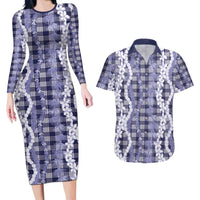 Hawaiian Ohia Lehua Lei Couples Matching Long Sleeve Bodycon Dress and Hawaiian Shirt Plaid Palaka Uliuli hohonu Pattern - Polynesian Pride