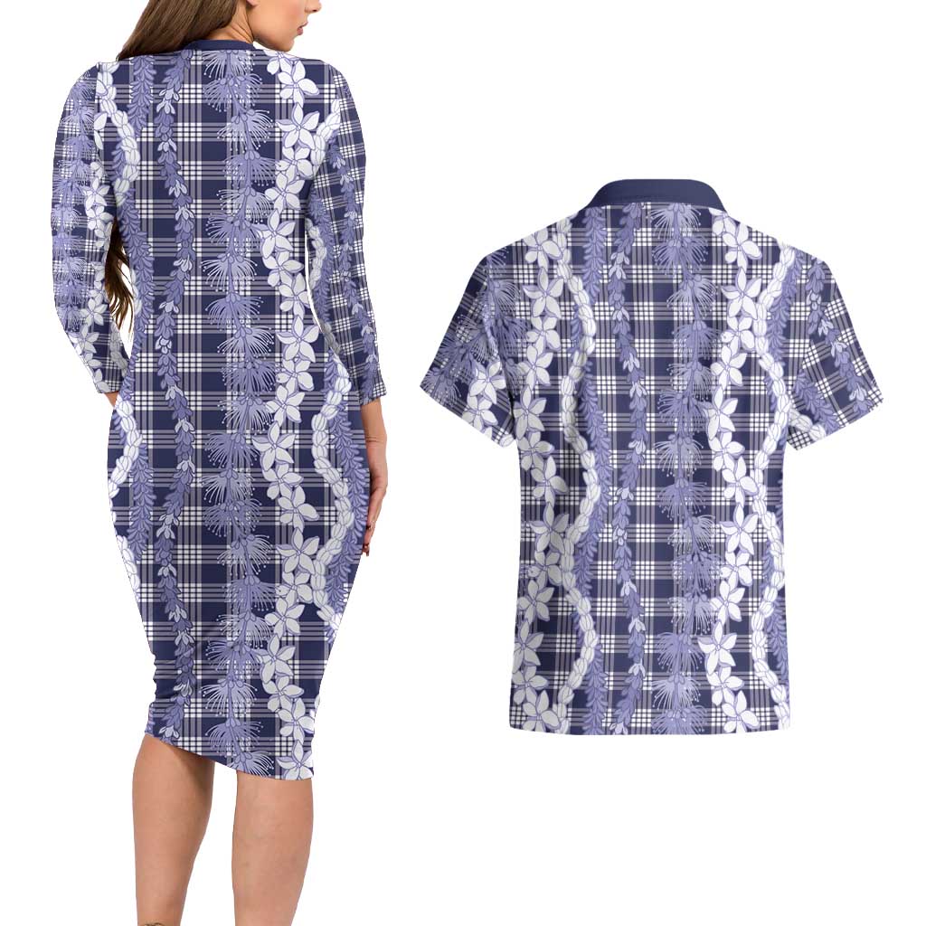 Hawaiian Ohia Lehua Lei Couples Matching Long Sleeve Bodycon Dress and Hawaiian Shirt Plaid Palaka Uliuli hohonu Pattern - Polynesian Pride