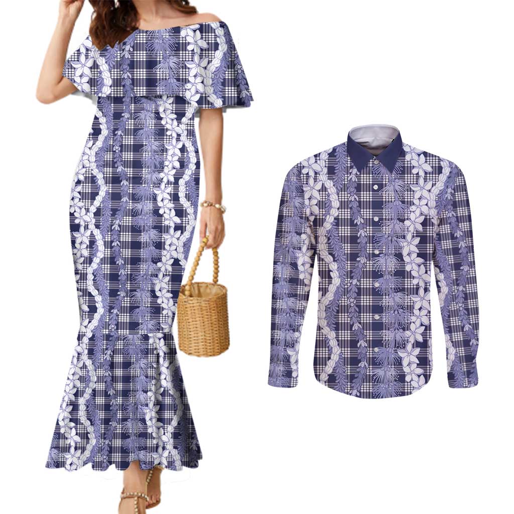 Hawaiian Ohia Lehua Lei Couples Matching Mermaid Dress and Long Sleeve Button Shirt Plaid Palaka Uliuli hohonu Pattern - Polynesian Pride