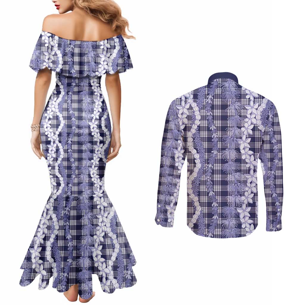 Hawaiian Ohia Lehua Lei Couples Matching Mermaid Dress and Long Sleeve Button Shirt Plaid Palaka Uliuli hohonu Pattern - Polynesian Pride