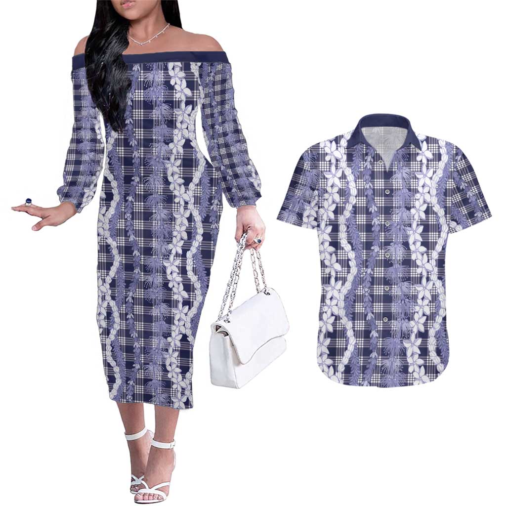 Hawaiian Ohia Lehua Lei Couples Matching Off The Shoulder Long Sleeve Dress and Hawaiian Shirt Plaid Palaka Uliuli hohonu Pattern - Polynesian Pride