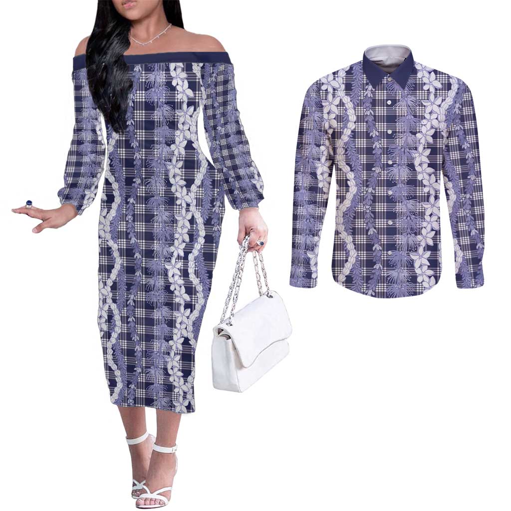 Hawaiian Ohia Lehua Lei Couples Matching Off The Shoulder Long Sleeve Dress and Long Sleeve Button Shirt Plaid Palaka Uliuli hohonu Pattern - Polynesian Pride