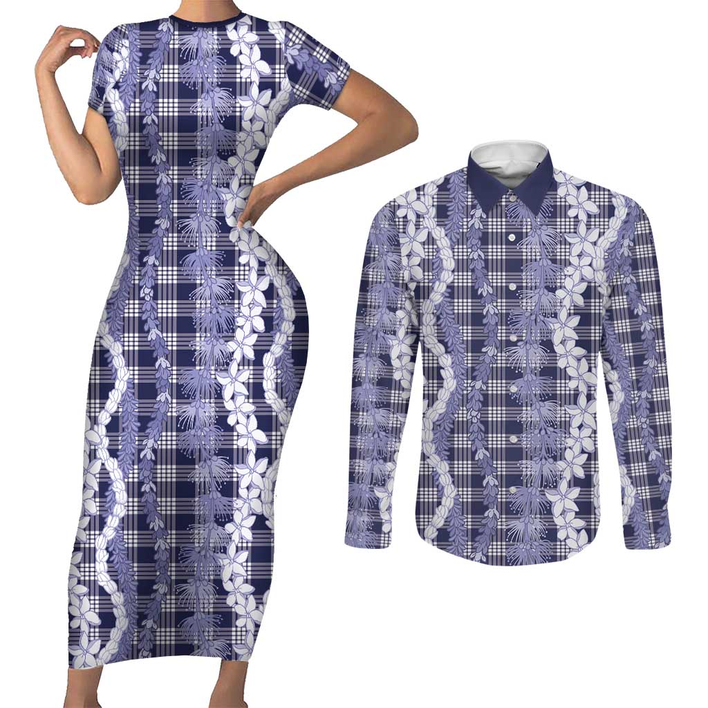 Hawaiian Ohia Lehua Lei Couples Matching Short Sleeve Bodycon Dress and Long Sleeve Button Shirt Plaid Palaka Uliuli hohonu Pattern - Polynesian Pride
