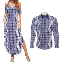 Hawaiian Ohia Lehua Lei Couples Matching Summer Maxi Dress and Long Sleeve Button Shirt Plaid Palaka Uliuli hohonu Pattern - Polynesian Pride