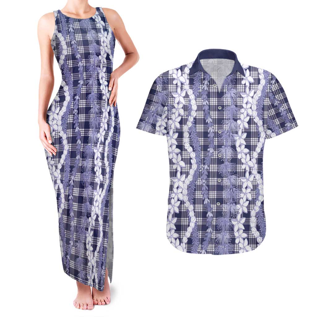 Hawaiian Ohia Lehua Lei Couples Matching Tank Maxi Dress and Hawaiian Shirt Plaid Palaka Uliuli hohonu Pattern - Polynesian Pride