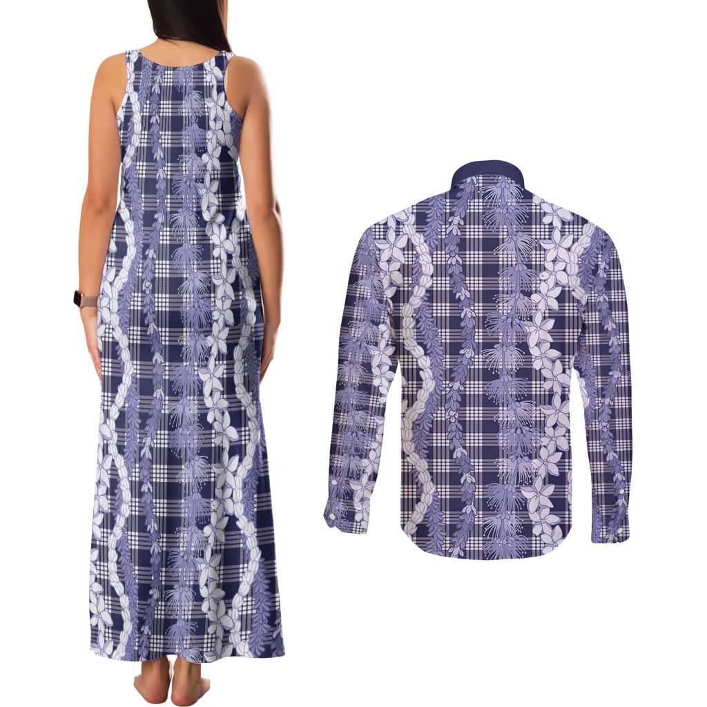 Hawaiian Ohia Lehua Lei Couples Matching Tank Maxi Dress and Long Sleeve Button Shirt Plaid Palaka Uliuli hohonu Pattern - Polynesian Pride