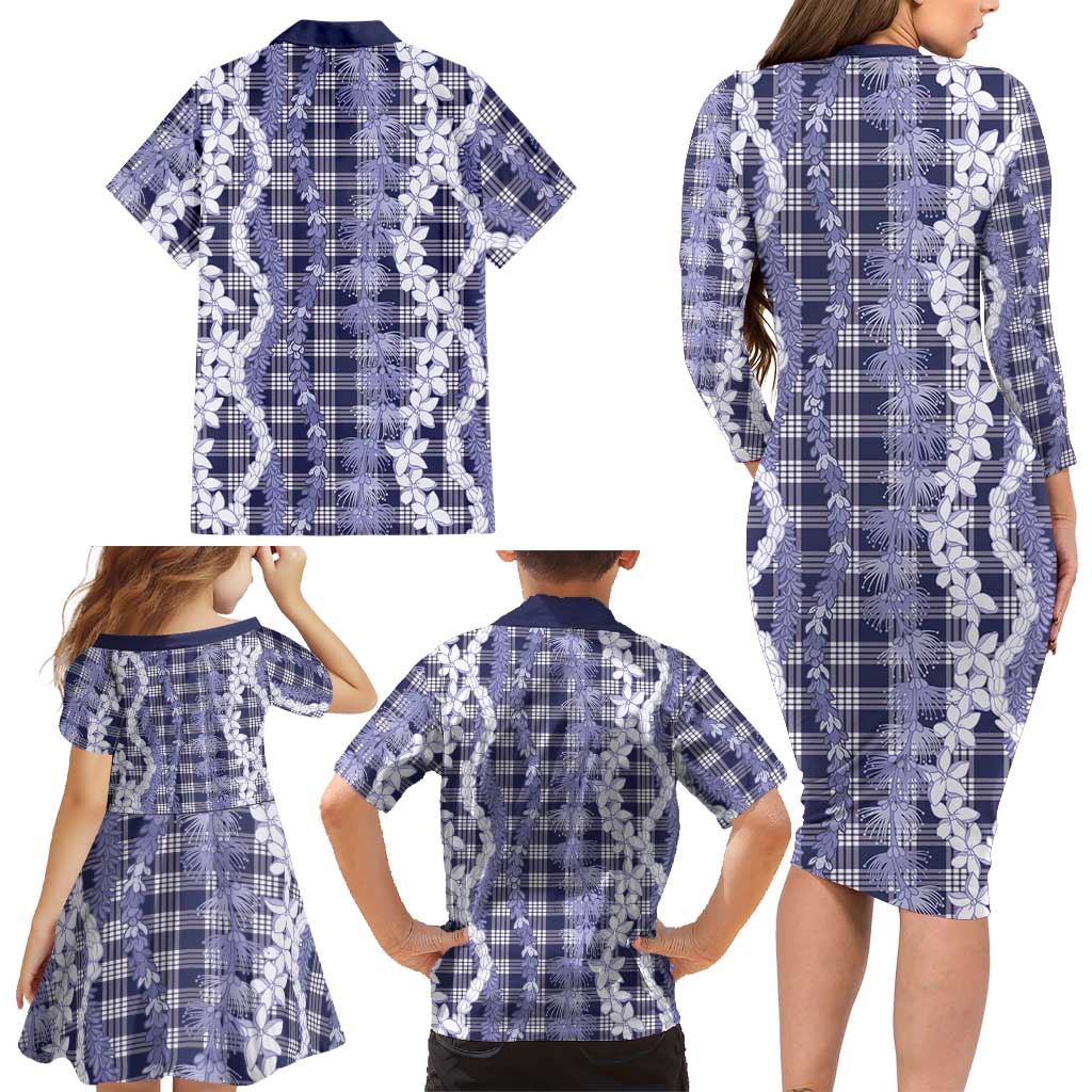 Hawaiian Ohia Lehua Lei Family Matching Long Sleeve Bodycon Dress and Hawaiian Shirt Plaid Palaka Uliuli hohonu Pattern LT9 - Polynesian Pride