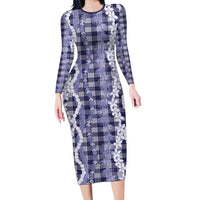 Hawaiian Ohia Lehua Lei Family Matching Long Sleeve Bodycon Dress and Hawaiian Shirt Plaid Palaka Uliuli hohonu Pattern LT9 Navy - Polynesian Pride
