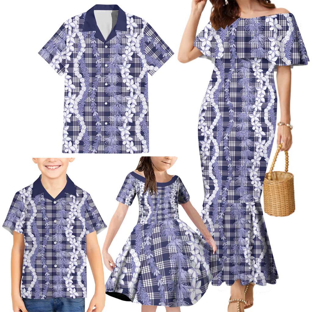 Hawaiian Ohia Lehua Lei Family Matching Mermaid Dress and Hawaiian Shirt Plaid Palaka Uliuli hohonu Pattern LT9 - Polynesian Pride