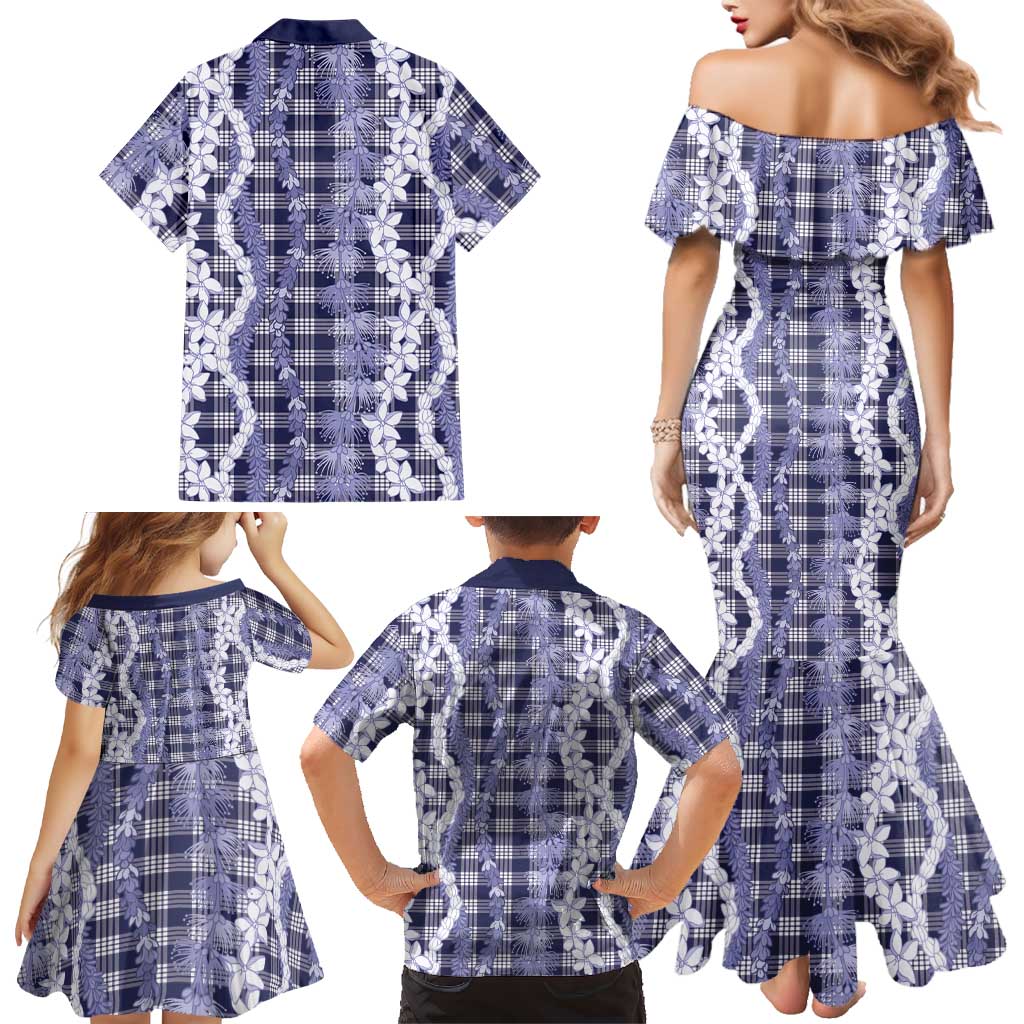Hawaiian Ohia Lehua Lei Family Matching Mermaid Dress and Hawaiian Shirt Plaid Palaka Uliuli hohonu Pattern LT9 - Polynesian Pride