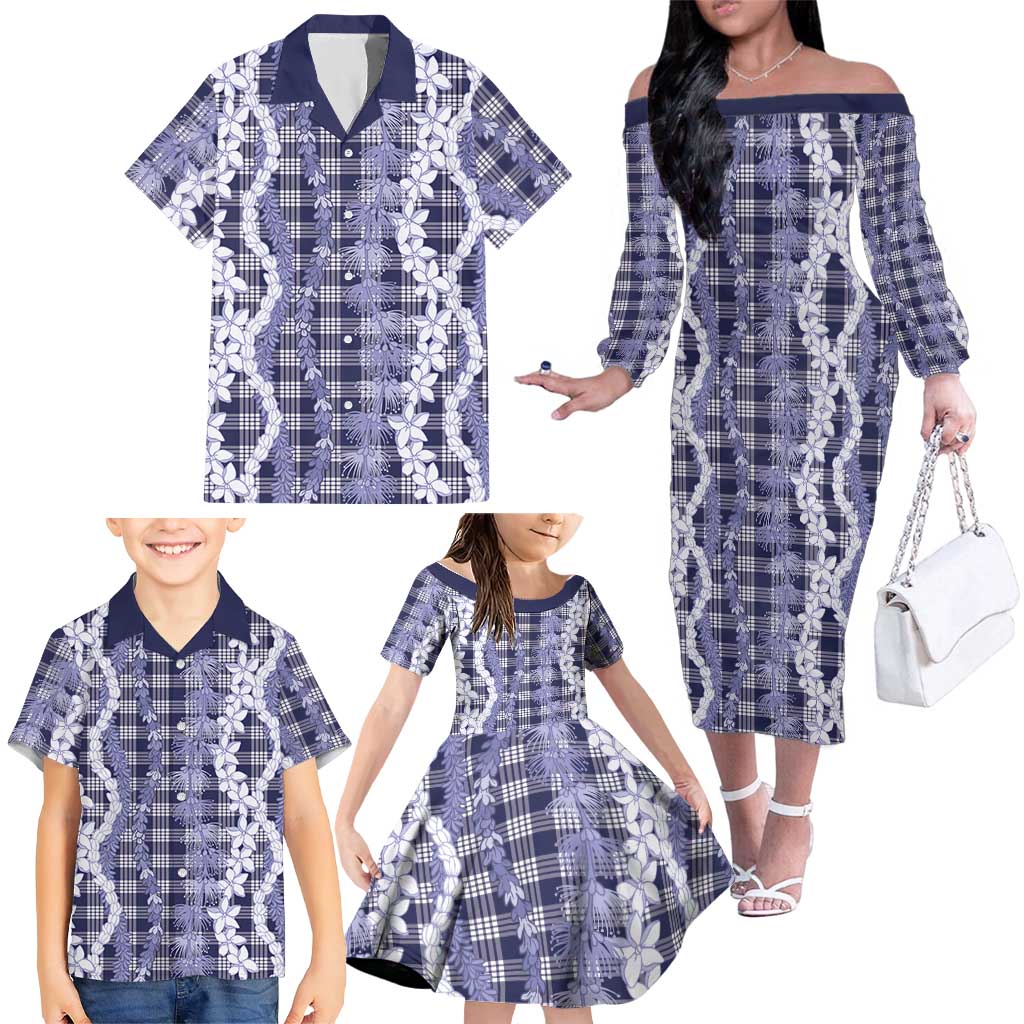 Hawaiian Ohia Lehua Lei Family Matching Off The Shoulder Long Sleeve Dress and Hawaiian Shirt Plaid Palaka Uliuli hohonu Pattern LT9 - Polynesian Pride