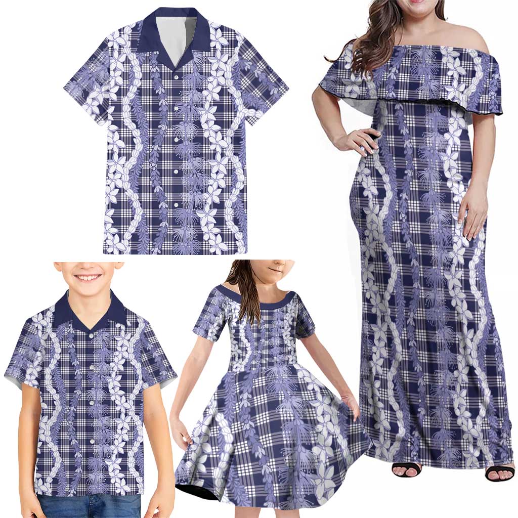 Hawaiian Ohia Lehua Lei Family Matching Off Shoulder Maxi Dress and Hawaiian Shirt Plaid Palaka Uliuli hohonu Pattern LT9 - Polynesian Pride