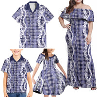 Hawaiian Ohia Lehua Lei Family Matching Off Shoulder Maxi Dress and Hawaiian Shirt Plaid Palaka Uliuli hohonu Pattern LT9 - Polynesian Pride