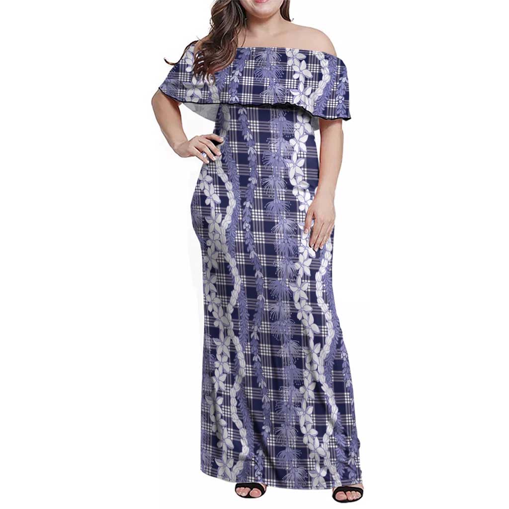 Hawaiian Ohia Lehua Lei Family Matching Off Shoulder Maxi Dress and Hawaiian Shirt Plaid Palaka Uliuli hohonu Pattern LT9 Navy - Polynesian Pride