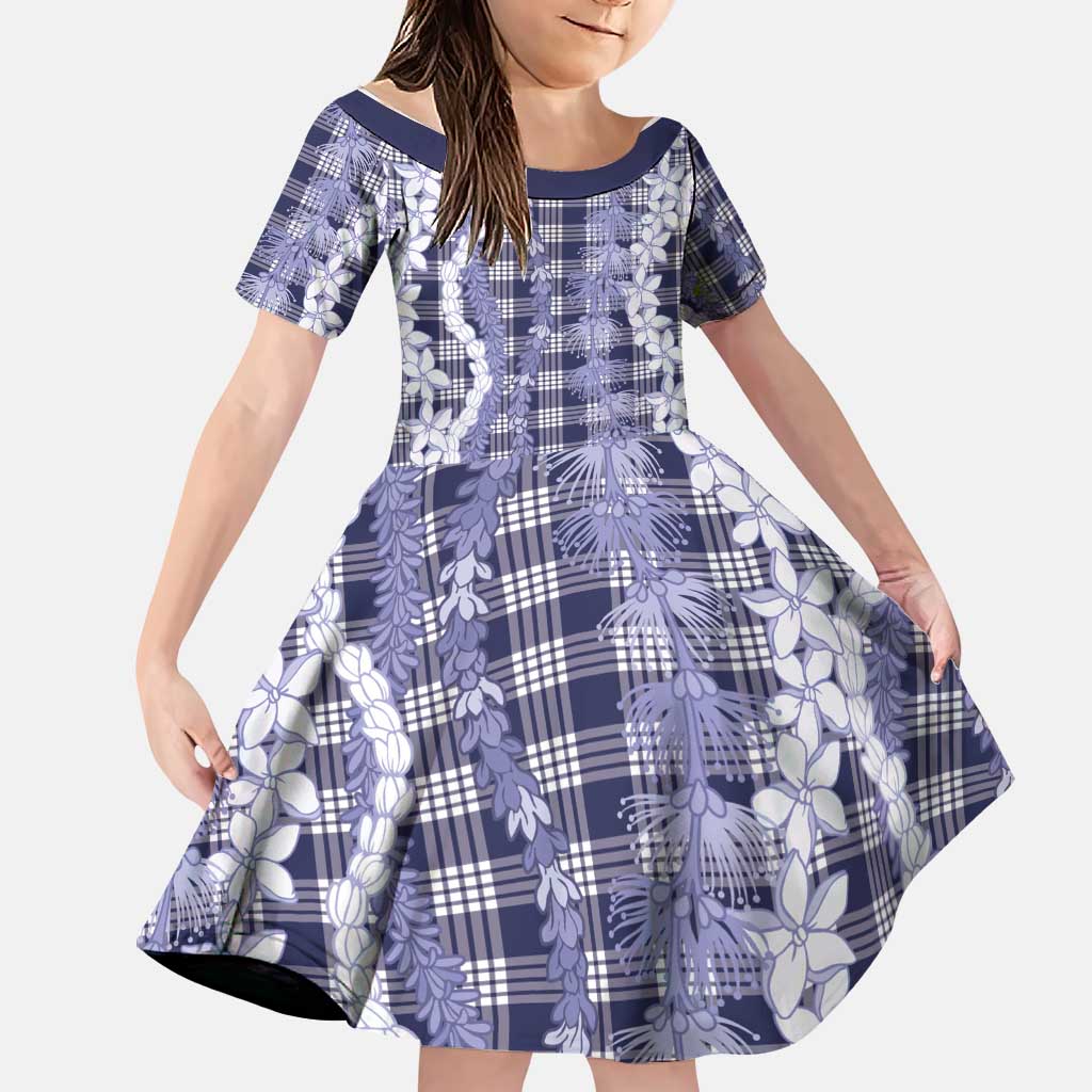 Hawaiian Ohia Lehua Lei Family Matching Off Shoulder Short Dress and Hawaiian Shirt Plaid Palaka Uliuli hohonu Pattern LT9 Daughter's Dress Navy - Polynesian Pride