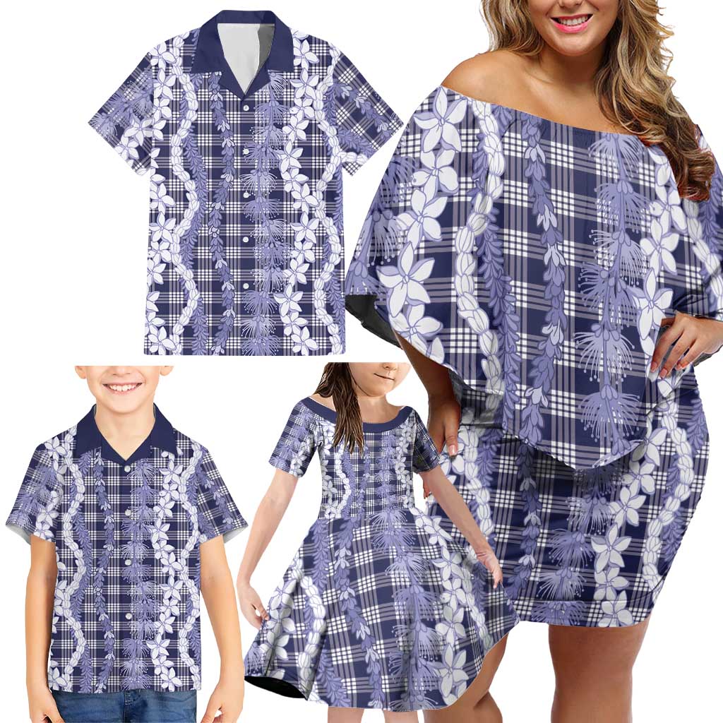 Hawaiian Ohia Lehua Lei Family Matching Off Shoulder Short Dress and Hawaiian Shirt Plaid Palaka Uliuli hohonu Pattern - Polynesian Pride