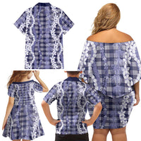 Hawaiian Ohia Lehua Lei Family Matching Off Shoulder Short Dress and Hawaiian Shirt Plaid Palaka Uliuli hohonu Pattern LT9 - Polynesian Pride