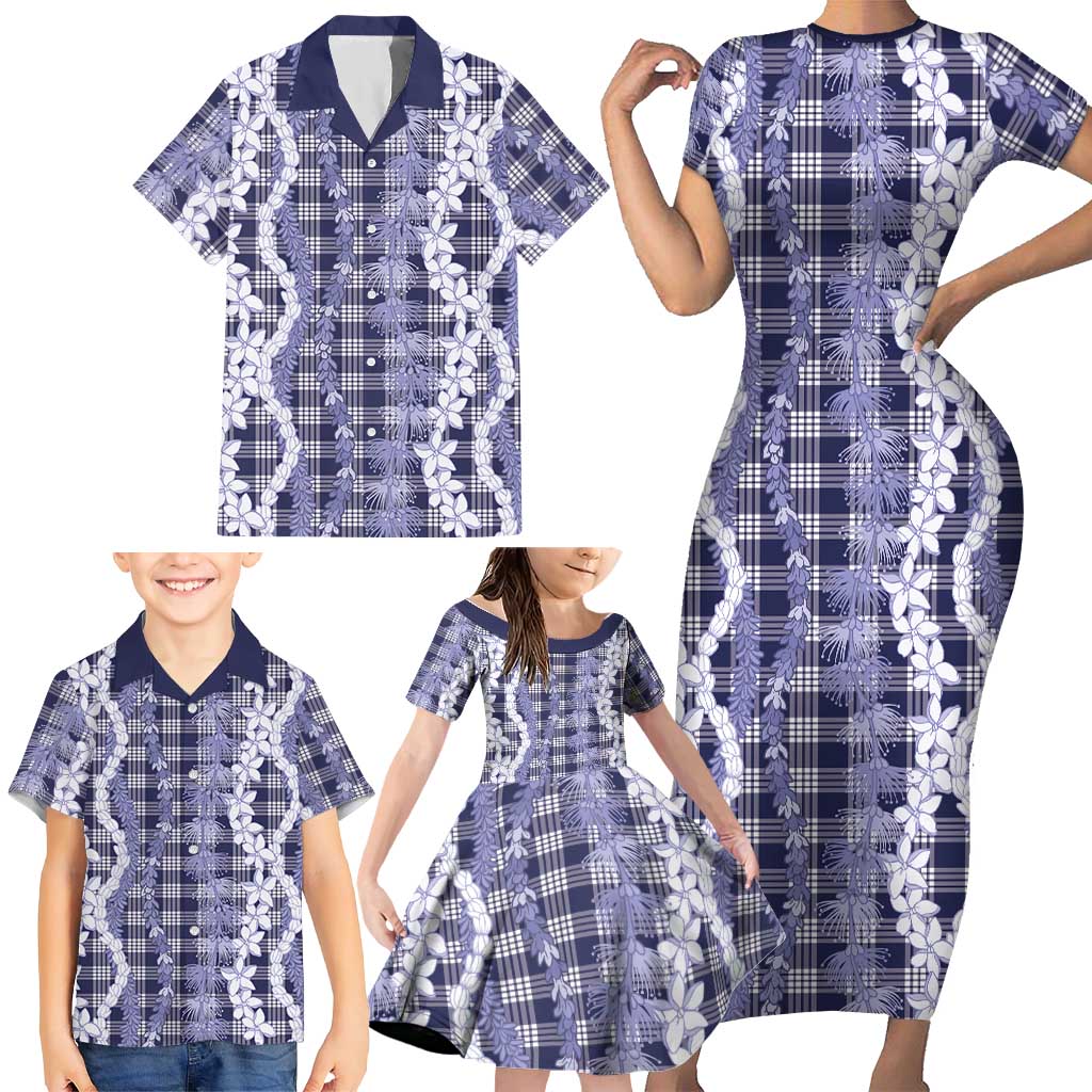 Hawaiian Ohia Lehua Lei Family Matching Short Sleeve Bodycon Dress and Hawaiian Shirt Plaid Palaka Uliuli hohonu Pattern - Polynesian Pride