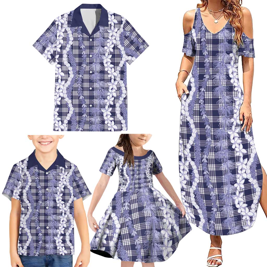 Hawaiian Ohia Lehua Lei Family Matching Summer Maxi Dress and Hawaiian Shirt Plaid Palaka Uliuli hohonu Pattern LT9 - Polynesian Pride