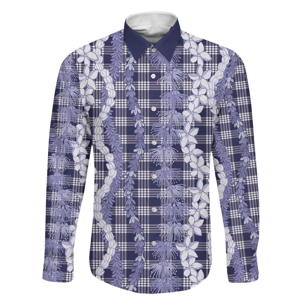 Hawaiian Ohia Lehua Lei Family Matching Tank Maxi Dress and Hawaiian Shirt Plaid Palaka Uliuli hohonu Pattern LT9 Dad's Shirt - Long Sleeve Navy - Polynesian Pride