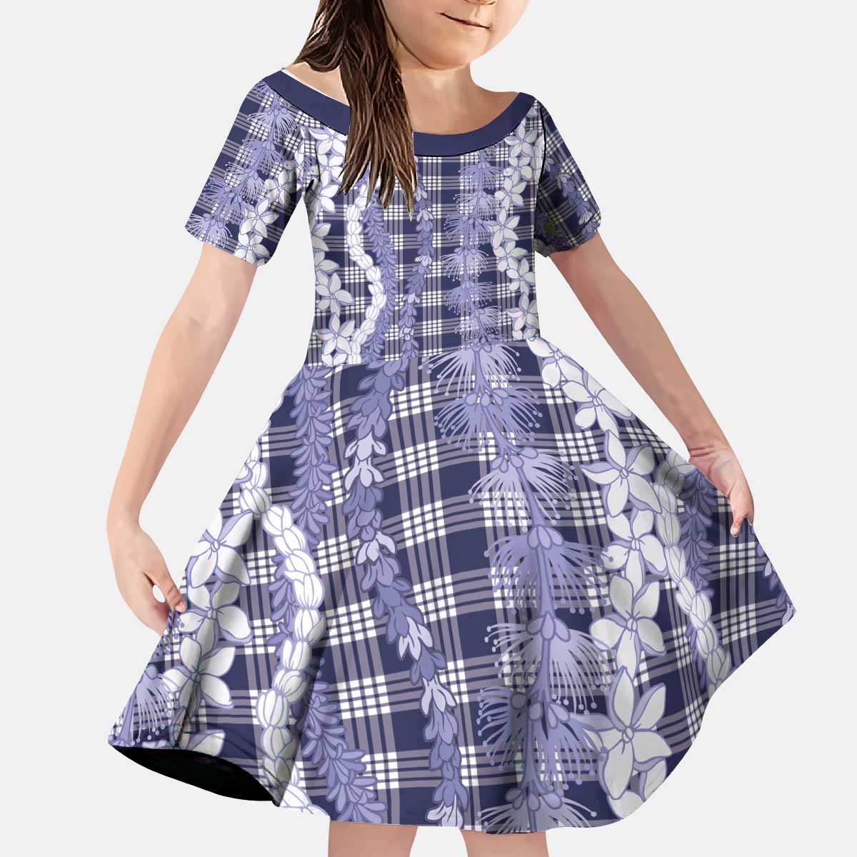 Hawaiian Ohia Lehua Lei Kid Short Sleeve Dress Plaid Palaka Uliuli hohonu Pattern LT9 KID Navy - Polynesian Pride