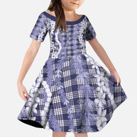 Hawaiian Ohia Lehua Lei Kid Short Sleeve Dress Plaid Palaka Uliuli hohonu Pattern LT9 KID Navy - Polynesian Pride