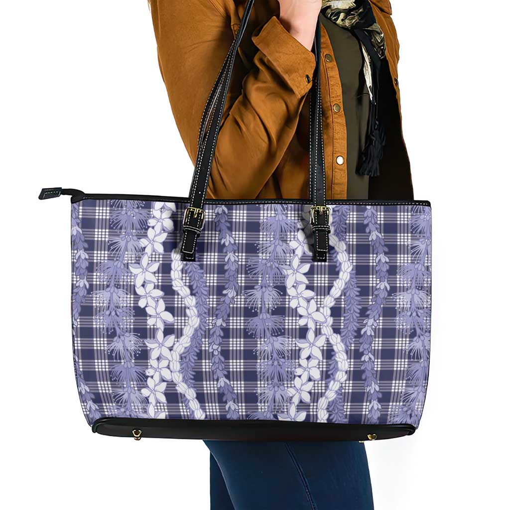 Hawaiian Ohia Lehua Lei Leather Tote Bag Plaid Palaka Uliuli hohonu Pattern - Polynesian Pride