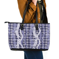 Hawaiian Ohia Lehua Lei Leather Tote Bag Plaid Palaka Uliuli hohonu Pattern - Polynesian Pride