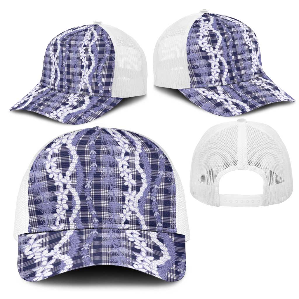 Hawaiian Ohia Lehua Lei Mesh Trucker Cap Plaid Palaka Uliuli hohonu Pattern - Polynesian Pride