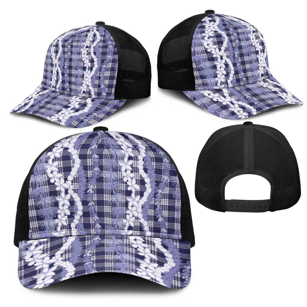 Hawaiian Ohia Lehua Lei Mesh Trucker Cap Plaid Palaka Uliuli hohonu Pattern - Polynesian Pride