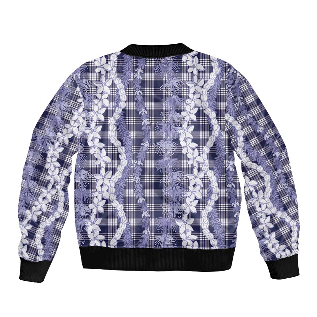 Hawaiian Ohia Lehua Lei Sleeve Zip Bomber Jacket Plaid Palaka Uliuli hohonu Pattern - Polynesian Pride
