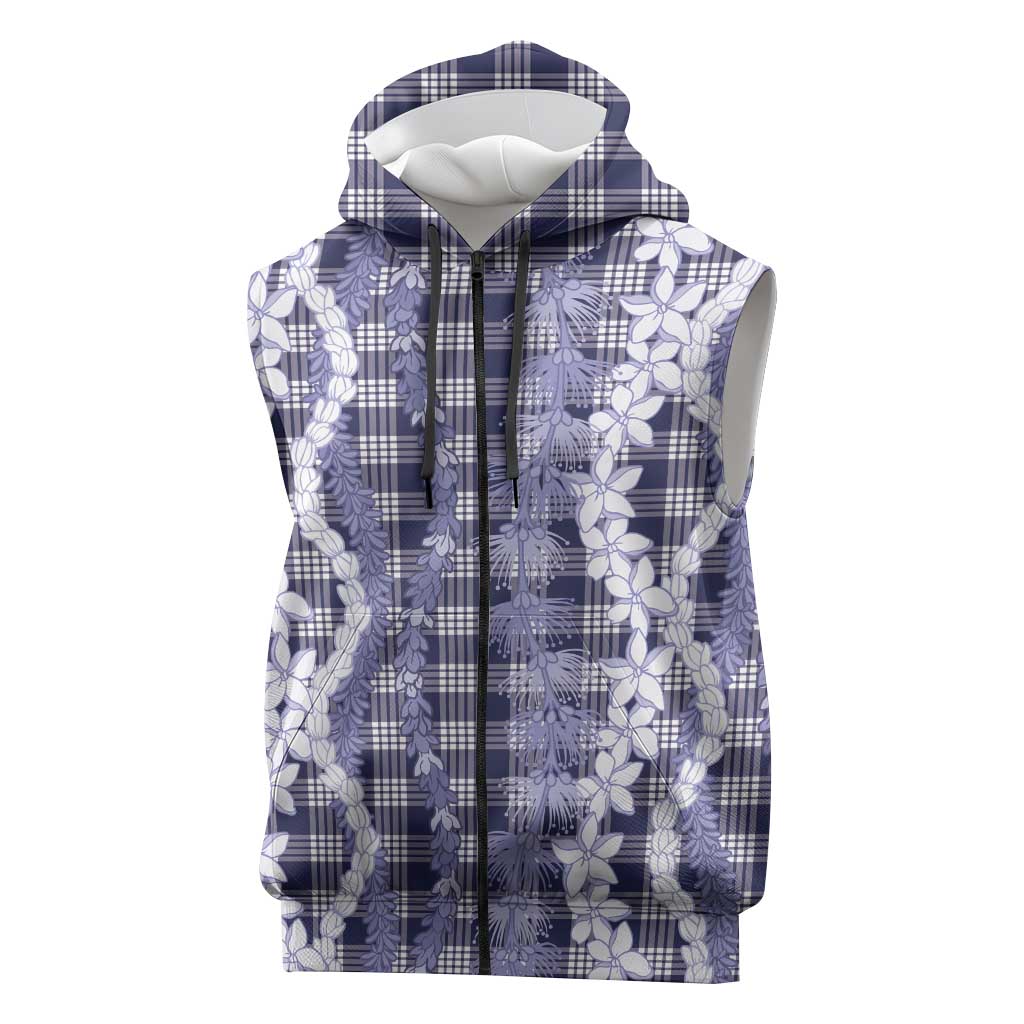 Hawaiian Ohia Lehua Lei Sleeveless Zip Hoodie Plaid Palaka Uliuli hohonu Pattern LT9 Navy - Polynesian Pride