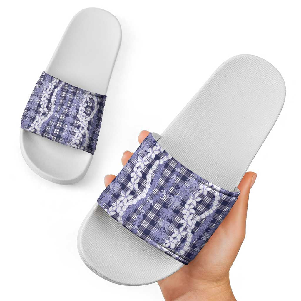 Hawaiian Ohia Lehua Lei Slide Sandals Plaid Palaka Uliuli hohonu Pattern - Polynesian Pride