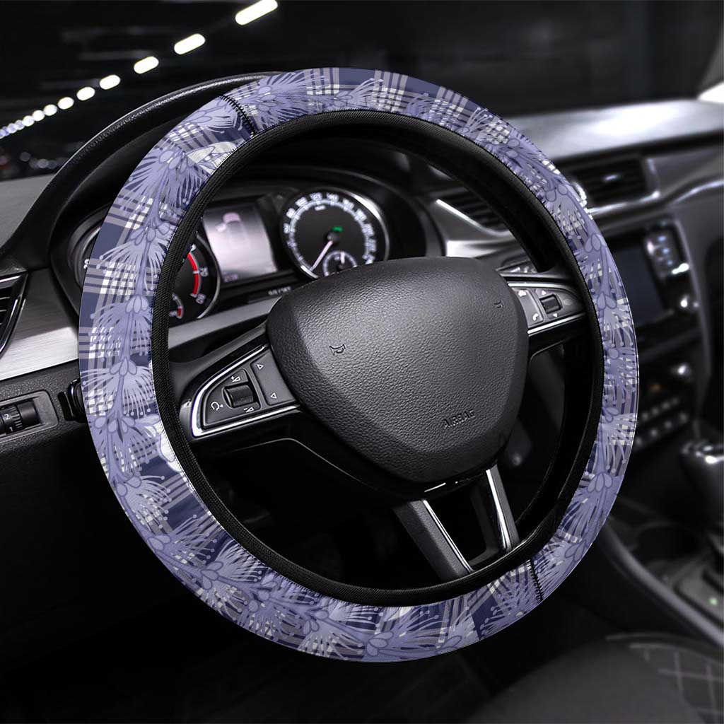 Hawaiian Ohia Lehua Lei Steering Wheel Cover Plaid Palaka Uliuli hohonu Pattern - Polynesian Pride