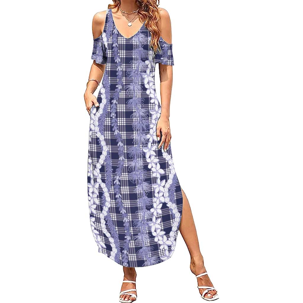 Hawaiian Ohia Lehua Lei Summer Maxi Dress Plaid Palaka Uliuli hohonu Pattern - Polynesian Pride